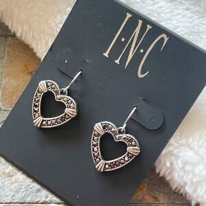 INC Heart Shaped Dangle Drop Earrings Silver Tone Hammered New